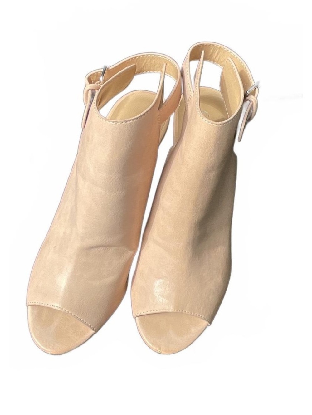 Qupid Beige Open-Toe Block Heel Ankle Boots with Buckle Strap Sz 8.5